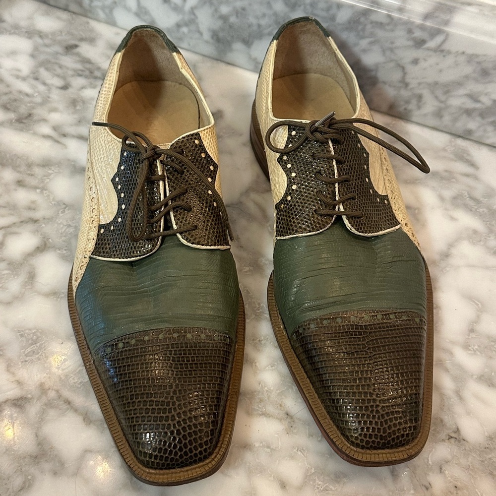 Belvedere Hand Made Triple Tone Genuine Lizard Shoe Green/Cream Size 9